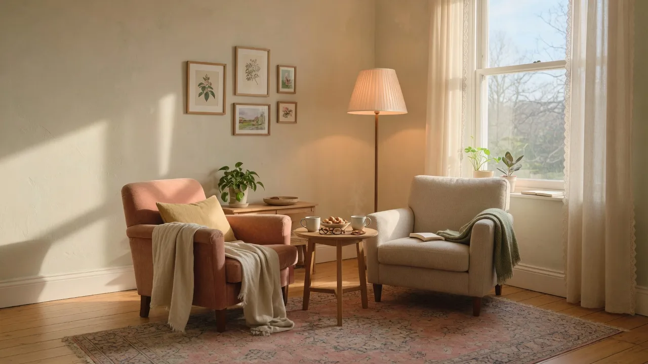 A warm living room with two chairs and soft lamplight beside a window with gentle morning light.