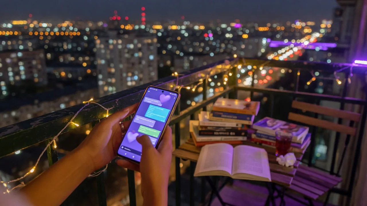 Evening balcony with phone in hand, city lights bokeh, and warm golden-violet lighting.