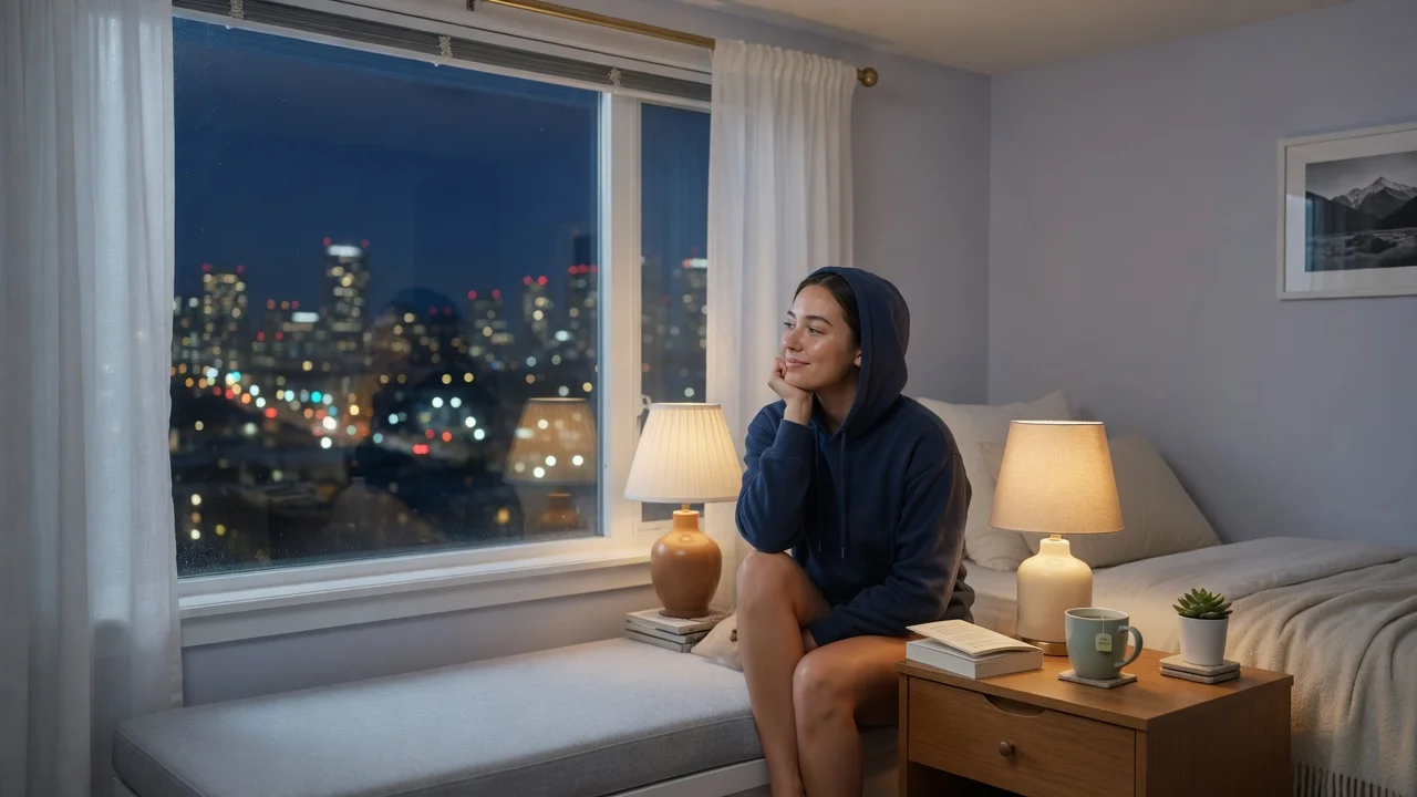 A cozy window at night with a single warm lamp glow against deep blue darkness and blurred city lights.