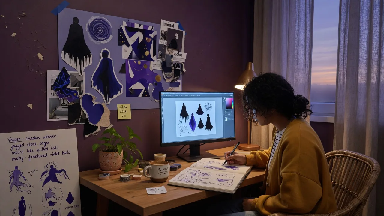A creative home workspace at dusk with character notes, monitor glow, and violet-indigo mood board accents.