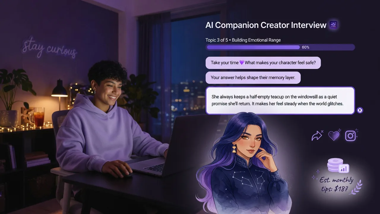 A person chats with a friendly AI guide in Creator Studio; a stylized companion avatar portrait takes shape beside a progress bar — violet and indigo tones.
