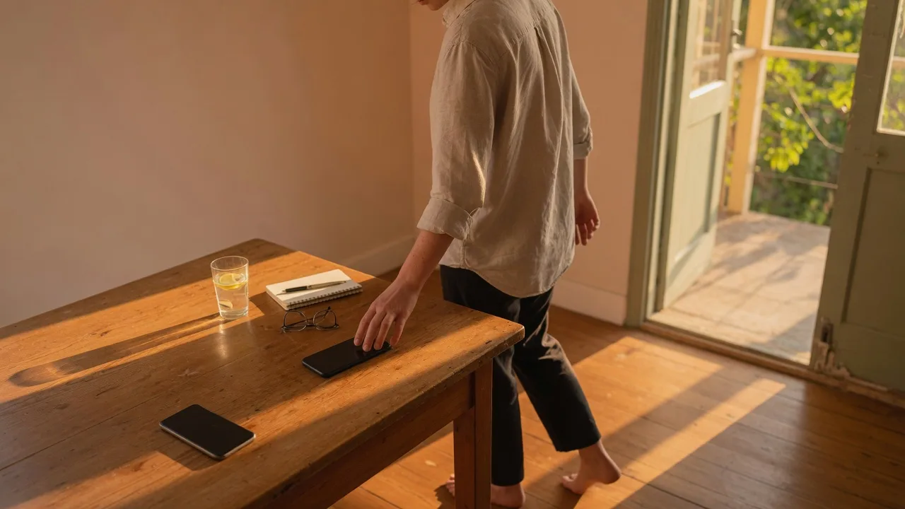 A person placing their phone face-down on a wooden table and stepping toward a sunlit doorway.