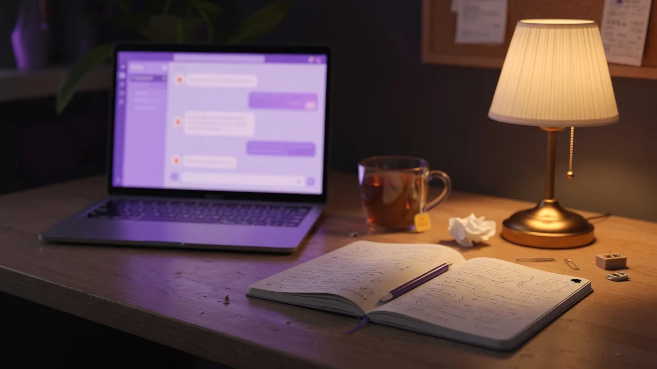 A cozy evening desk with a laptop showing a soft violet glow, a handwritten notebook, and warm lamplight.