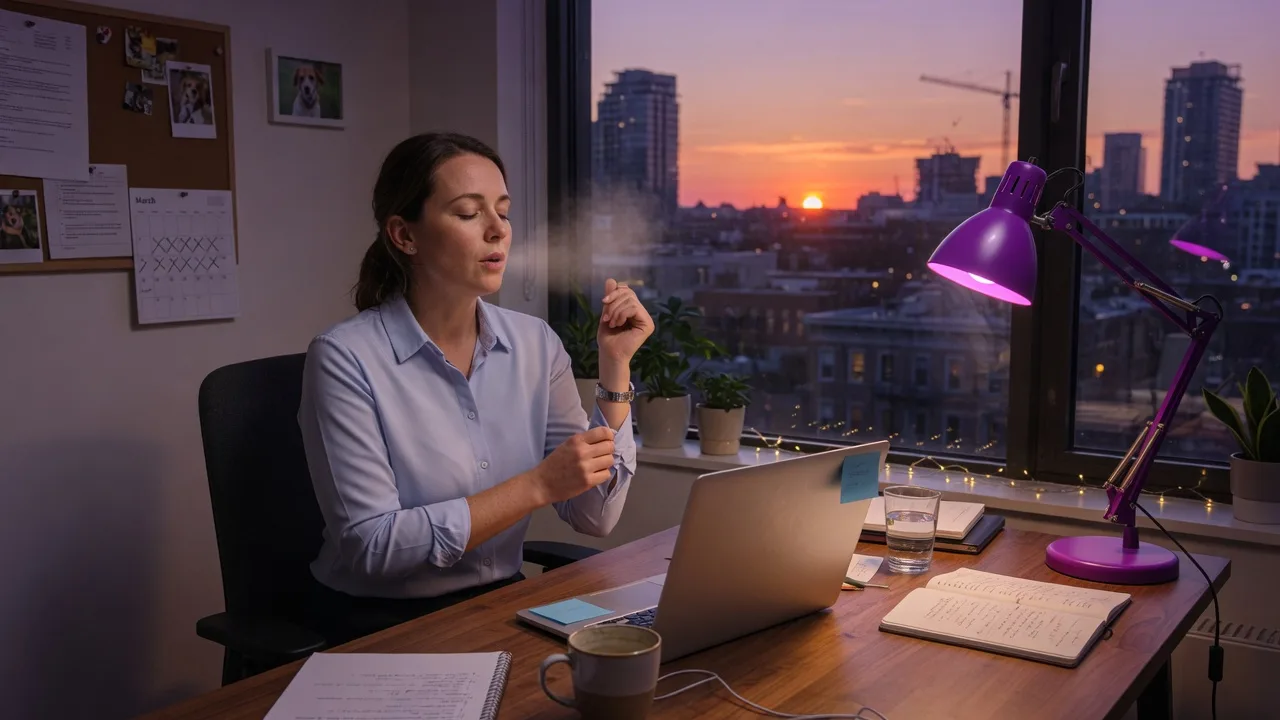 A home office at dusk with a closed laptop, city sunset through the window, and a violet desk lamp still on.