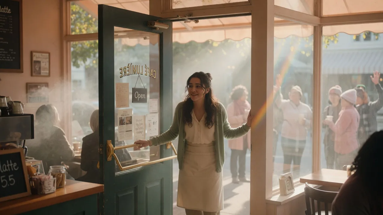 A person opening a café door from inside as soft daylight floods in, with blurred friendly silhouettes beyond.