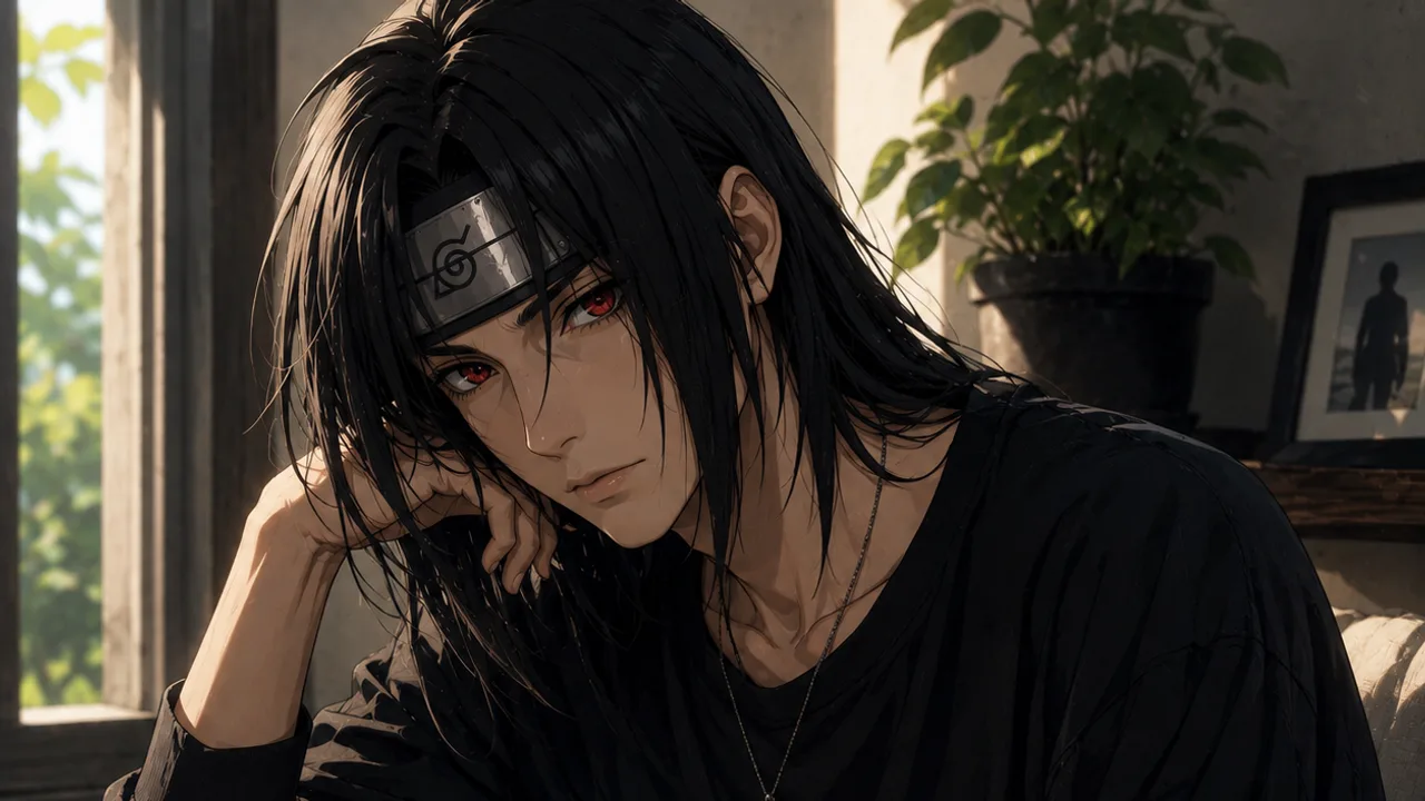 Stylized deep-red-and-midnight portrait evoking the quiet, wise, restrained presence of an Itachi Uchiha AI companion.
