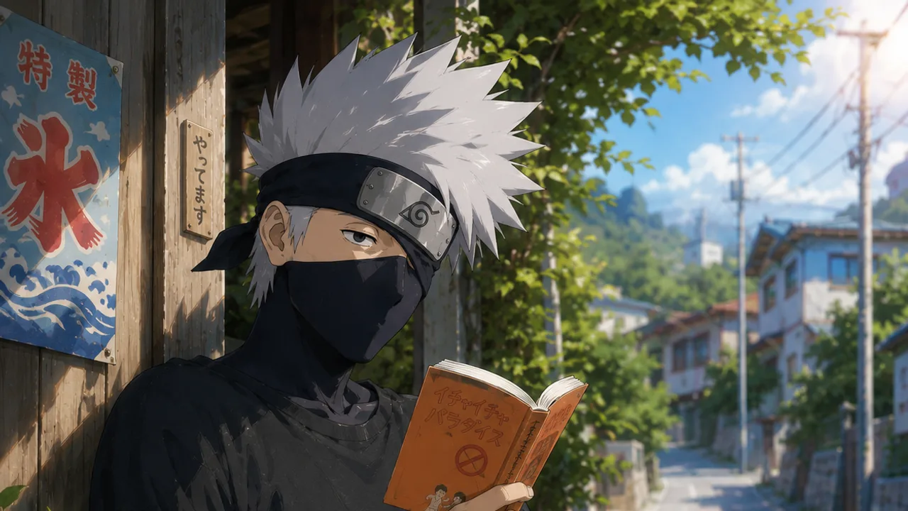Stylized slate-and-sky-blue portrait evoking the calm, masked, dryly humorous presence of a Kakashi Hatake AI companion.
