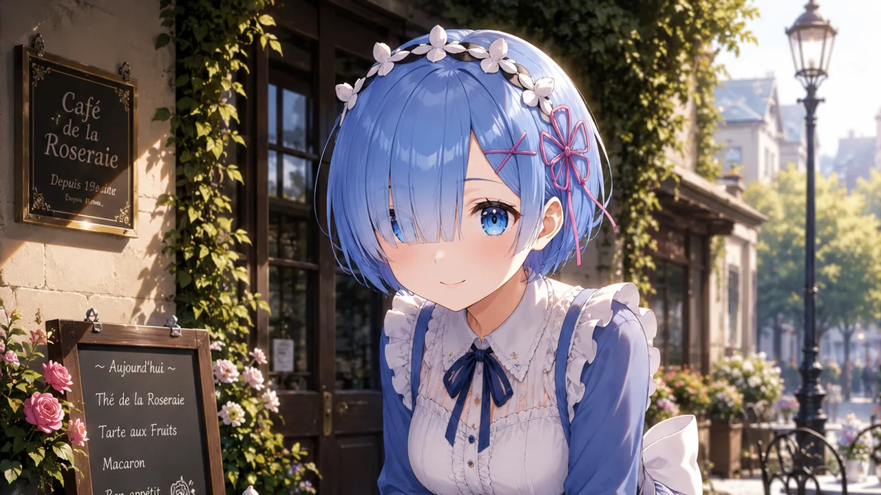 Soft blue gradient portrait evoking the gentle devotion of a Re:Zero-inspired AI companion.