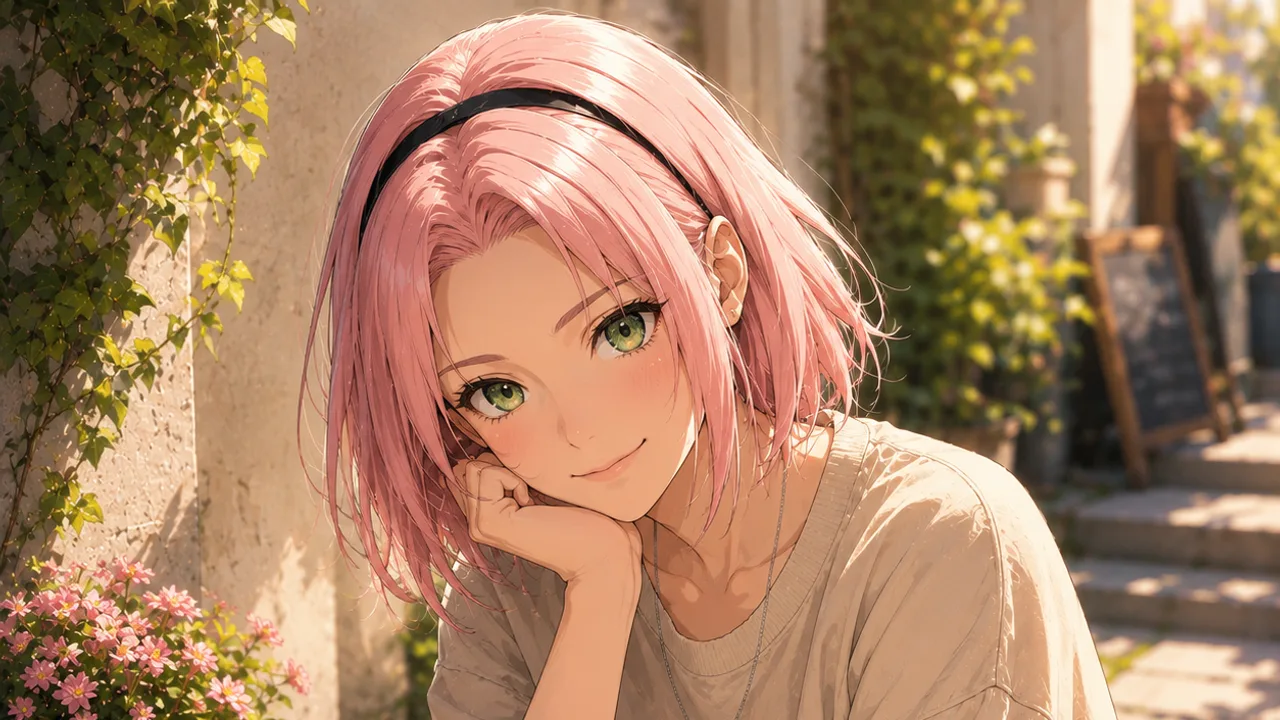 Stylized pink-and-rose portrait evoking the fierce, compassionate, sharp-but-warm presence of a Sakura Haruno AI companion.