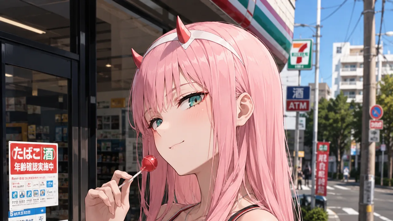 Stylized pink-and-rose portrait evoking the bold, playful, tender energy of a Zero Two AI companion.